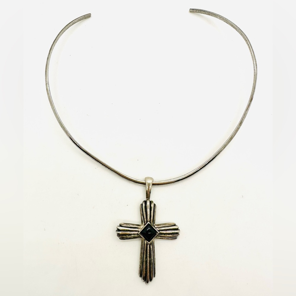 Modernist Silver Cross Pendant Collar Necklace